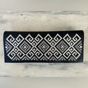 Leather Clutch Bag Artisan Handmade in Romania Iutta Embroidered Black Cream NEW